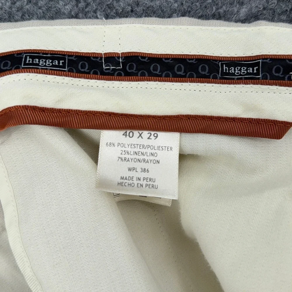 Haggar Mens Pleated Casual Pants Tan Khaki Size 40x27 Polyester Linen Blend‎